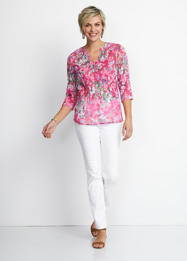 Tunique ample manches 3/4 fleurie Fond Fuchsia