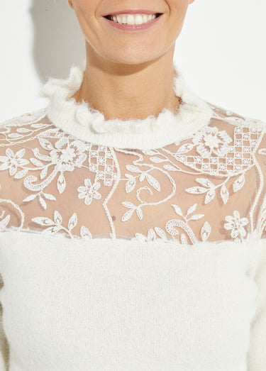Pull chic en dentelle et maille avec laine Ecru