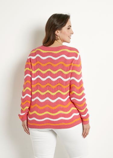 Pull doux col rond reliefé rayé point mousse Fond Rose