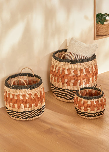 Set de 3 paniers tressés style ethnique Camel/Noir/Naturel