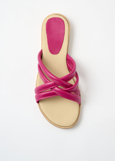 Mules compensées brides croisées cuir Fuchsia