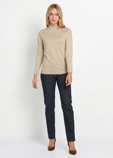 Pull fin col montant jersey uni avec laine mérinos Ficelle