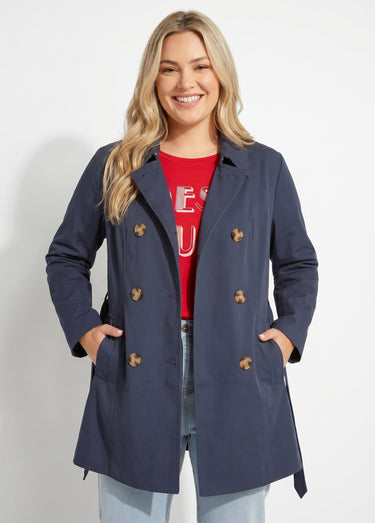 Trench court double boutonnage uni col pointu Bleu Marine