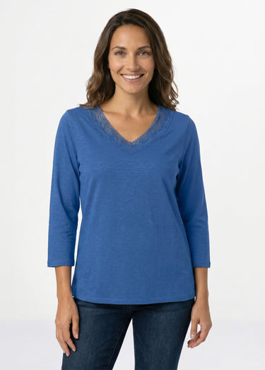 T-shirt manches 3/4 coton et macramé Bleu