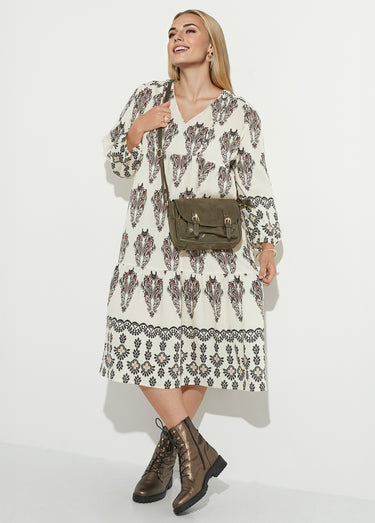 Robe volantée col V imprimé broderies Ecru