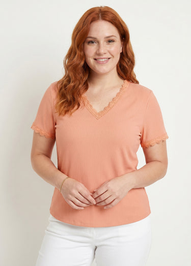 T-shirt col V fines côtes dentelle manches courtes Saumon