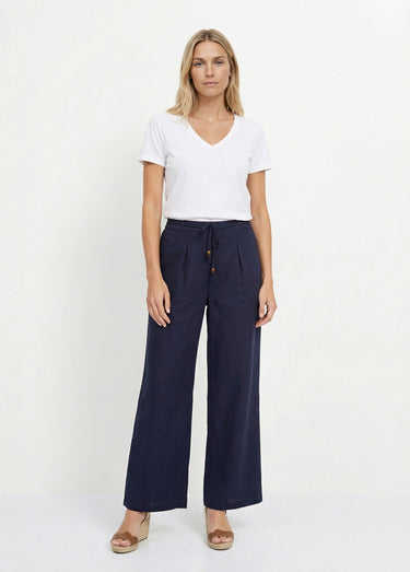 Pantalon large avec lin, style ethnique Marine