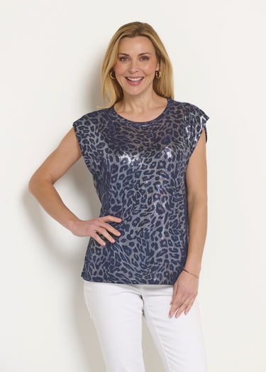 T-shirt sans manches motif léopard métallisé Marine irisé