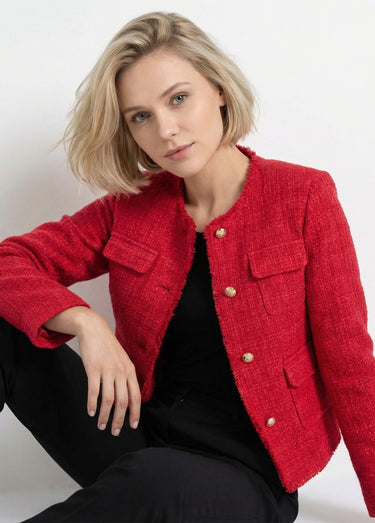 Veste tweed boutonnée frangée sans col Rouge