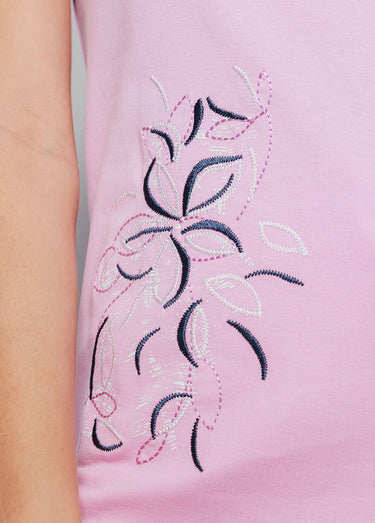 T-shirt long broderie placée fleurs Rose