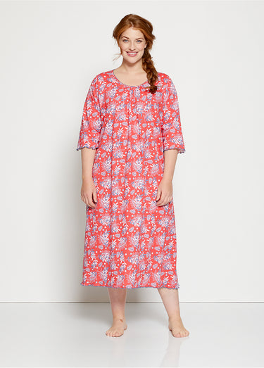 Chemise de nuit longue manches 3/4 coton imprimé Fond Rouge