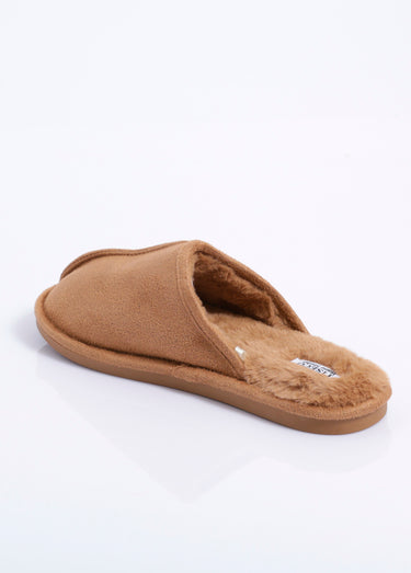Chaussons mules suédine chauds fourrés Cognac