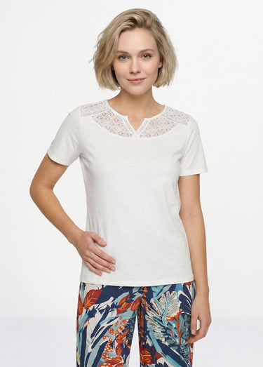 T-shirt coton maille flammée dentelle Blanc