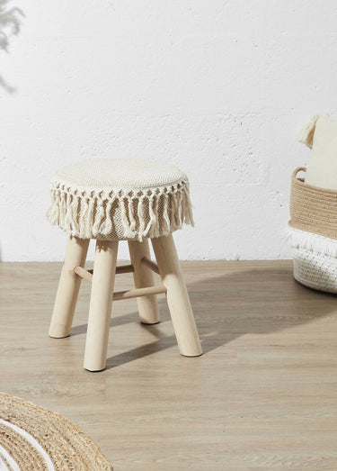 Tabouret thème ethnique assise franges Beige/Marron