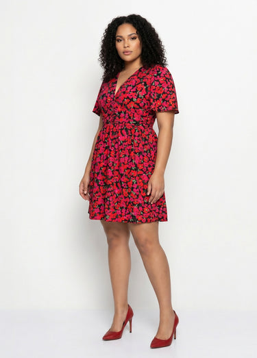 Robe courte imprimé fleuri encolure V Imprime Fuchsia