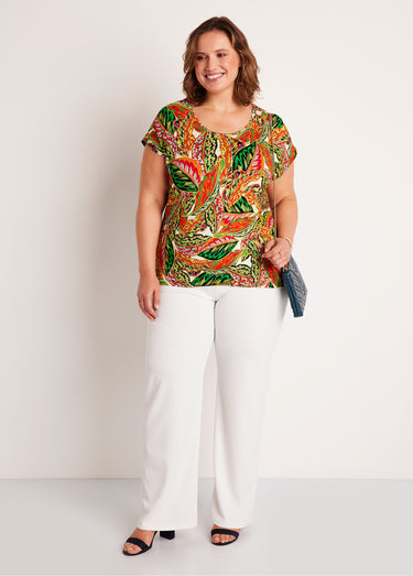 T-shirt court motif feuillage Vert/Rouge