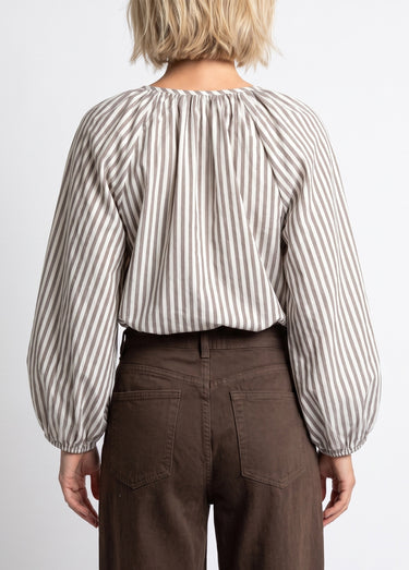 Blouse rayée col V, broderies fleurs Beige/Marron