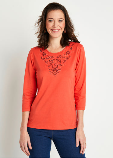 T-shirt court brodé manches 3/4 Orange