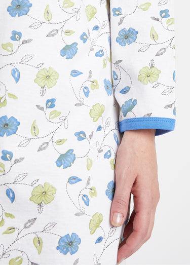 Chemise de nuit boutonnée coton imprimé mi longue Bleu