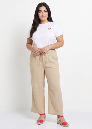 Pantalon large tendance, gaze de coton Beige