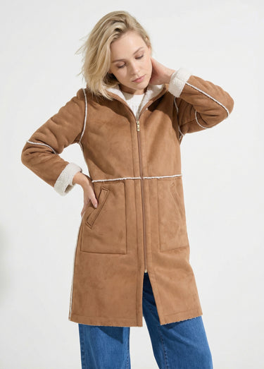 Manteau zippé à capuche effet peau lainée chaud Camel