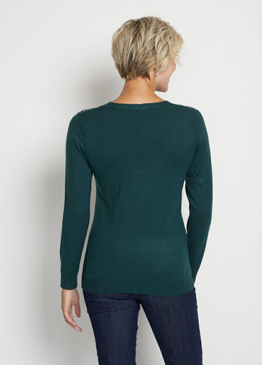 Pull col V strassé manches longues Vert Sapin