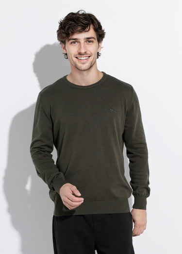 Pull fin coton, col rond manches longues Kaki