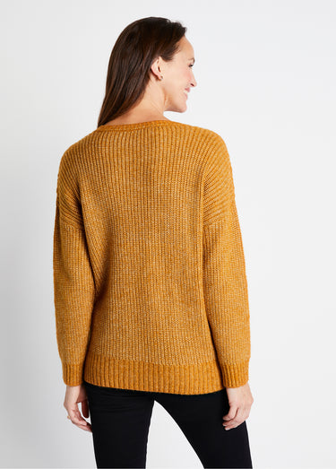 Pull maille chinée perlée torsadée col rond Miel