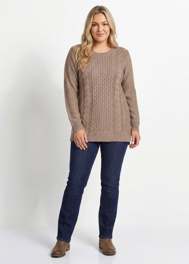 Pull-tunique jersey envers et torsades Taupe