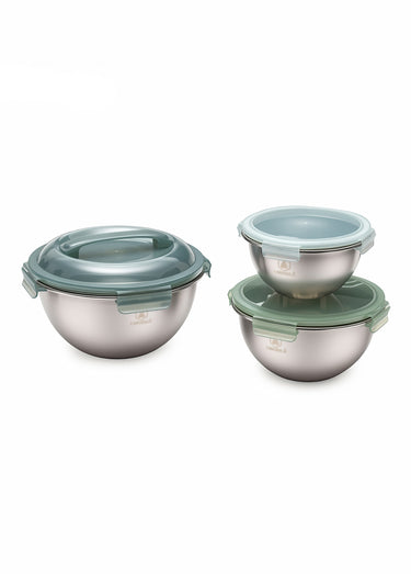 Set 3 bols acier inox, diam. 20/24/28 cm Vert / Gris