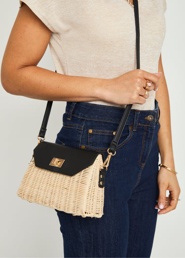 Sac besace bicolore rotin tressé Naturel / Noir