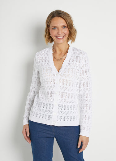 Gilet ajouré col V boutonné coton mélangé Blanc