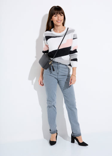 Pull jacquard graphique maille poilue col rond Ecru/Rose