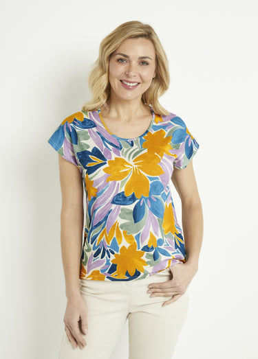 T-shirt fleuri col rond manches courtes Parme/Ocre