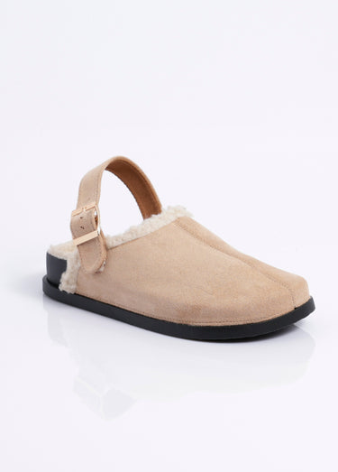 Mules fourrées en suédine, bride talon Beige