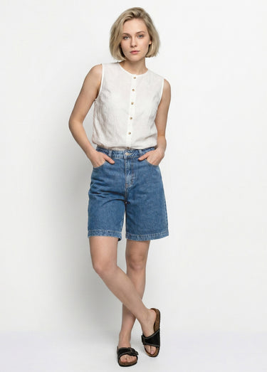 Bermuda femme en denim, coupe trapèze Bleu moyen / Clair