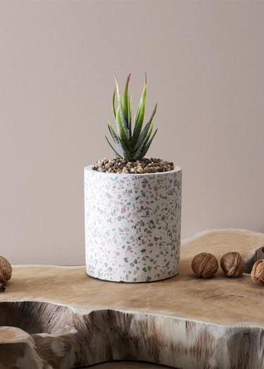 Plante artificielle + pot façon terrazzo Blanc