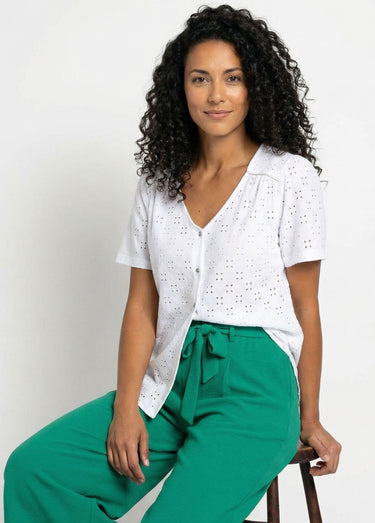 T-shirt col V effet broderie manches courtes Blanc
