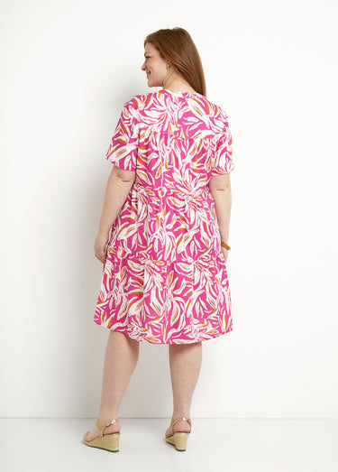 Robe col V boutonnée imprimée manches courtes Rose / Blanc