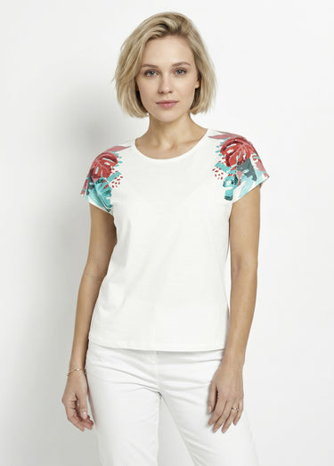 T-shirt court blanc motif sequins col rond Fond Blanc