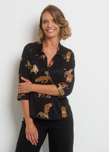 Blouse courte imprimé animalier col V Noir Imprime