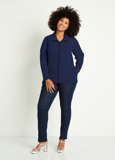 Gilet zippé long uni col montant Marine