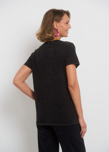 T-shirt col rond à message et effet used Gris