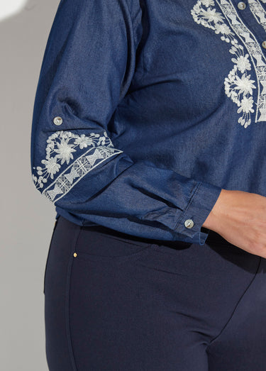 Chemisier denim broderies contrastantes Bleu Jean