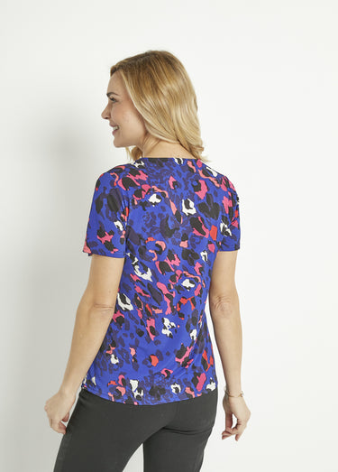 T-shirt col V manches courtes motif léopard Bleu/Fuchsia