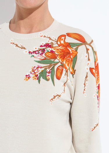 Pull chaud col rond imprimé floral manches longues Beige