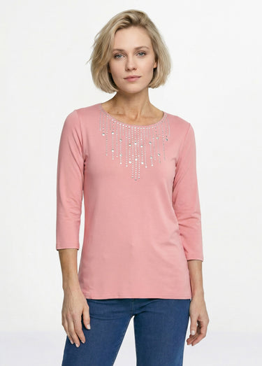 T-shirt manches 3/4 clouté fantaisie Rose