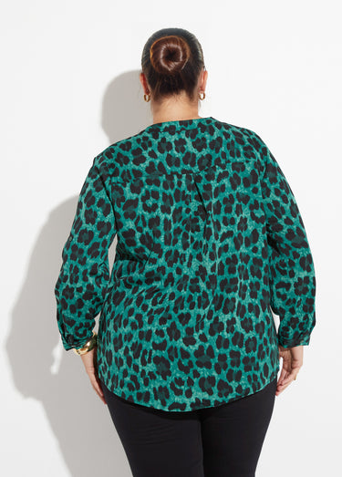 Blouse col V boutonné motif léopard Vert/Noir