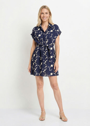 Robe courte taille nouée, fleurs brodées Marine