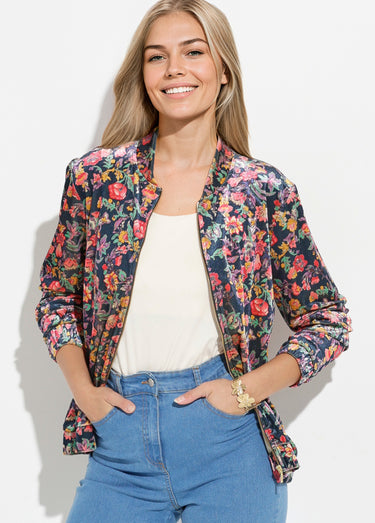 Blouson bombers zippé velours ras fleuri Marine/Rose